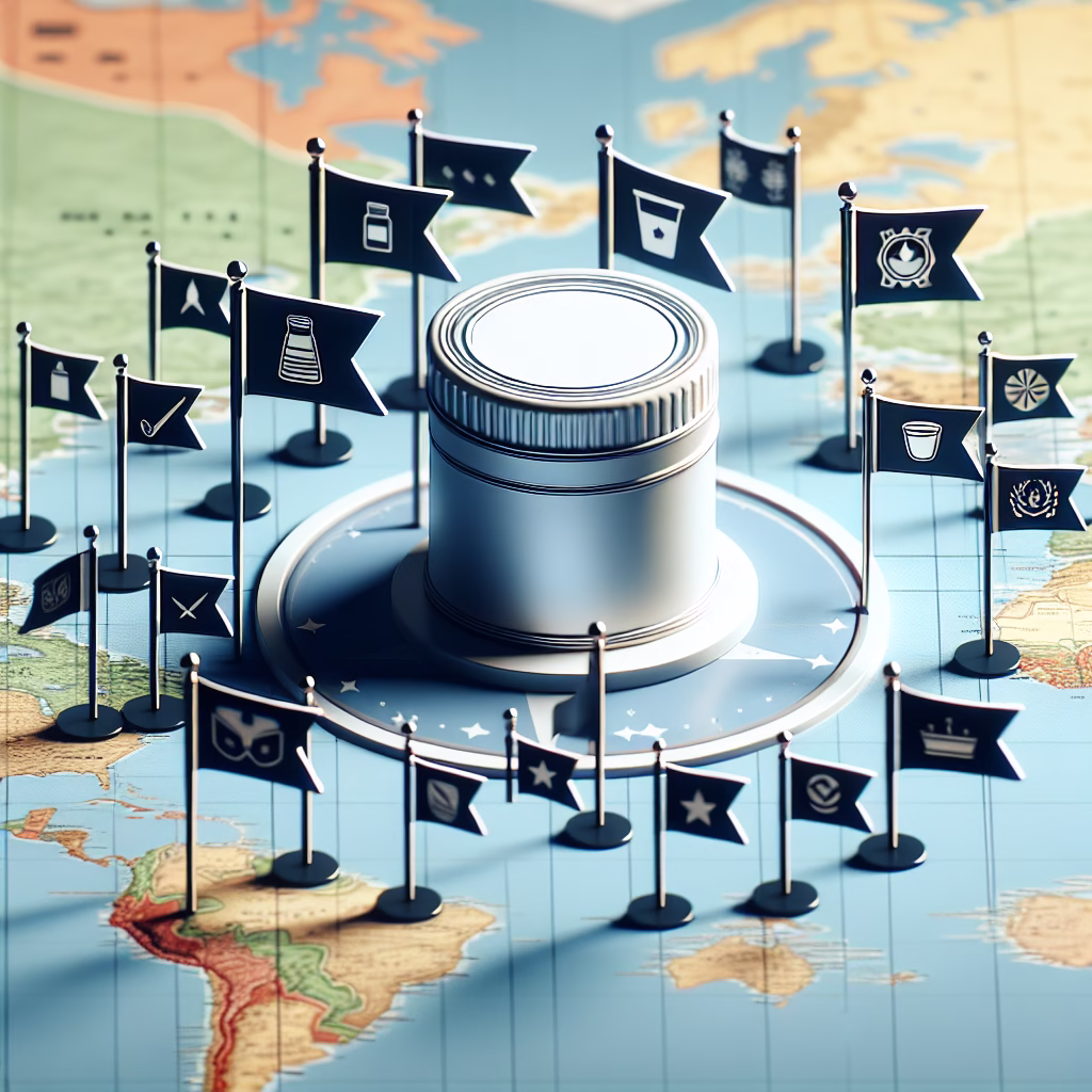 A product or brand positioned prominently on a map, surrounded by flags representing its key differentiating features and benefits.