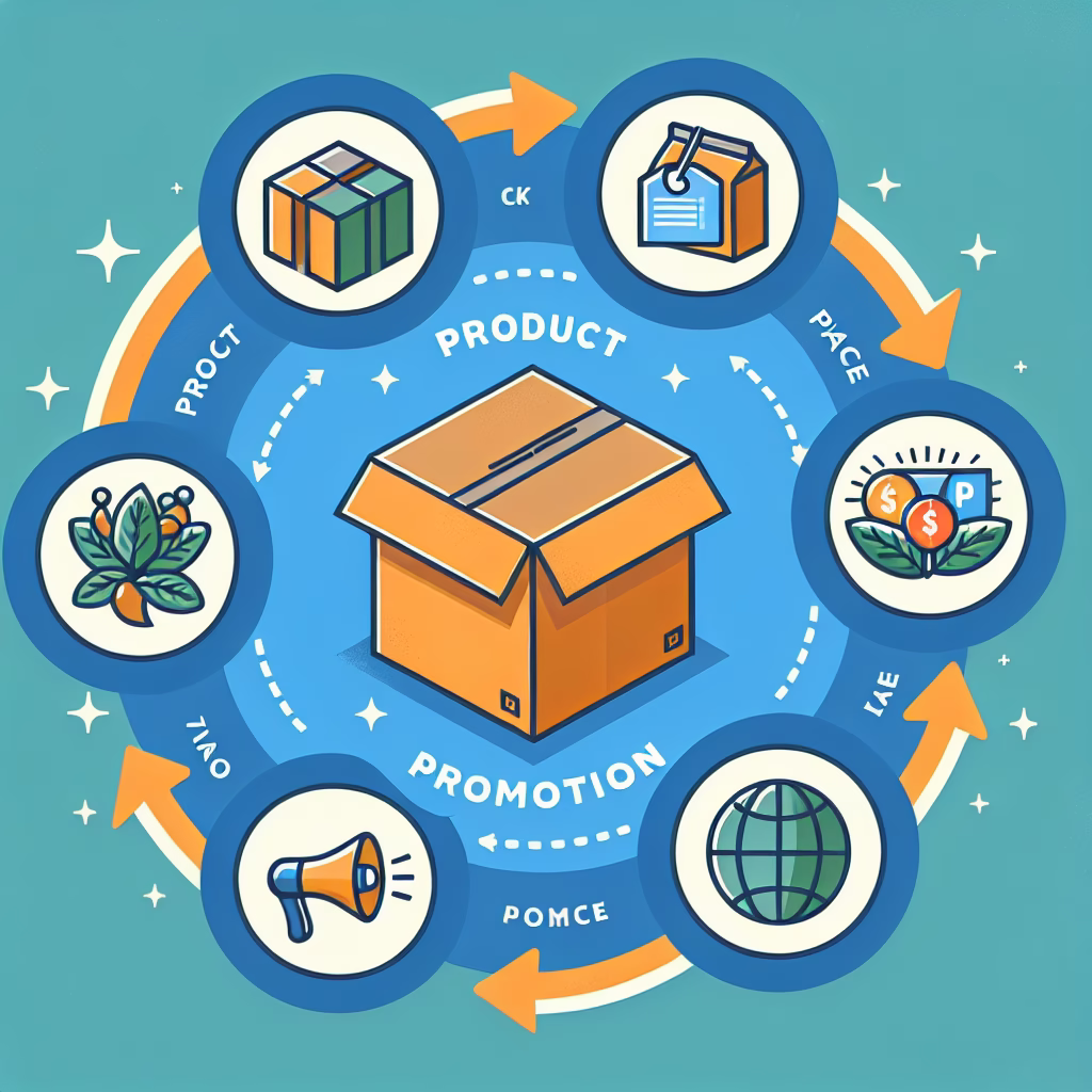 A visually appealing illustration showing the four elements of the 4Ps of Marketing: Product, Price, Place, and Promotion, with each element represented by a relevant icon and connected by arrows, creating a circular flow.