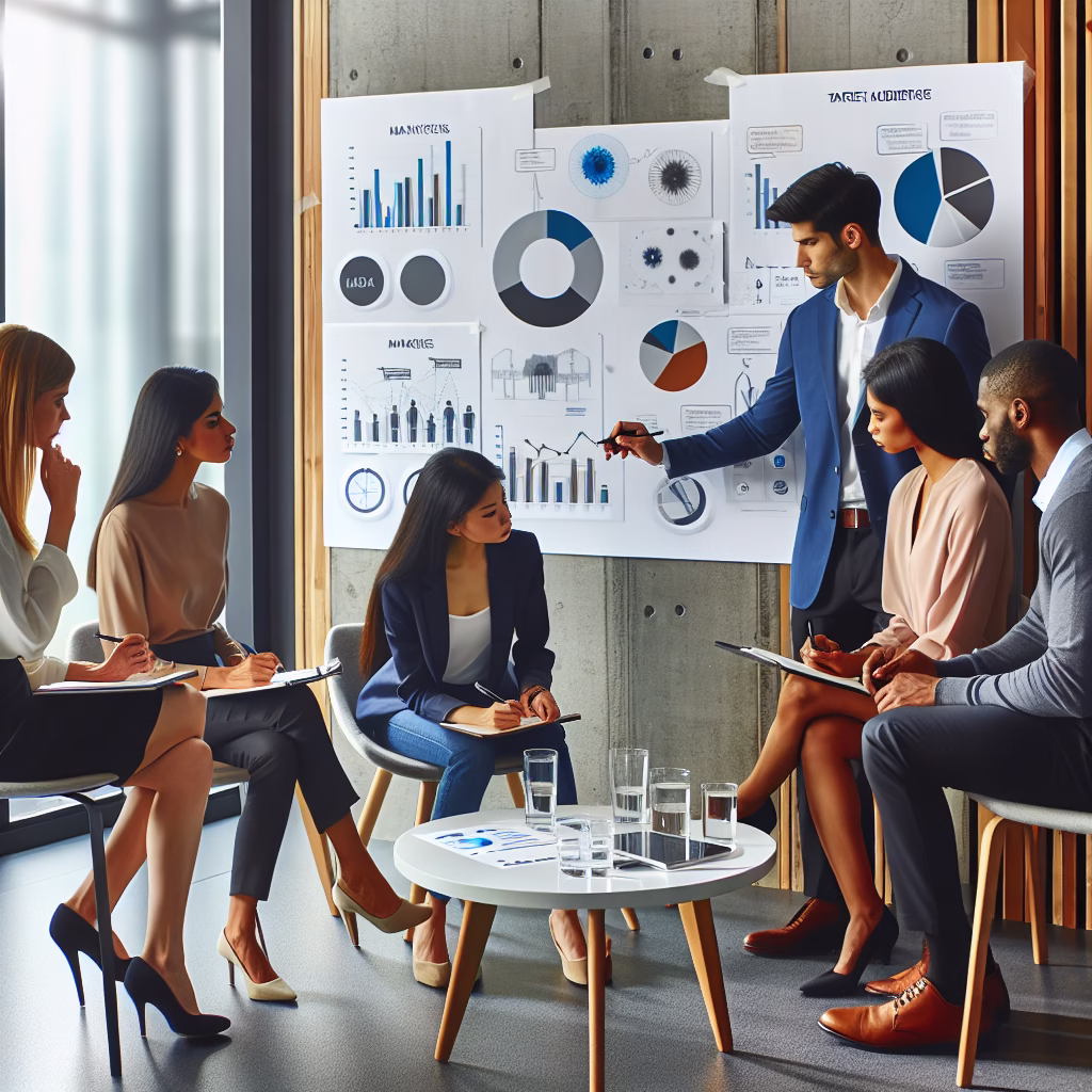 A team of business professionals brainstorming in a modern office, surrounded by charts and graphs illustrating market analysis and target audience demographics. Focus on collaboration and strategic planning.