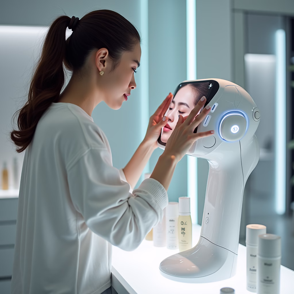 A futuristic Korean beauty counter where a customer is receiving a personalized skincare consultation from an AI-powered device. The device analyzes the customer's skin and recommends specific products tailored to their needs. The scene should emphasize personalization, technology, and customer service in the context of Korean beauty trends.