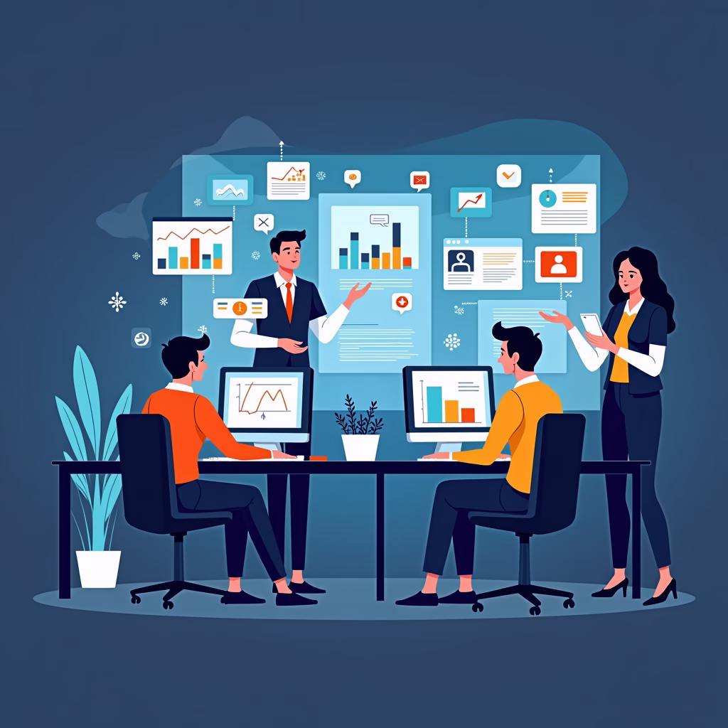 A modern office with people working on computers, analyzing data, and discussing marketing strategies. Emphasize the use of technology, data analytics, and teamwork in contemporary marketing.