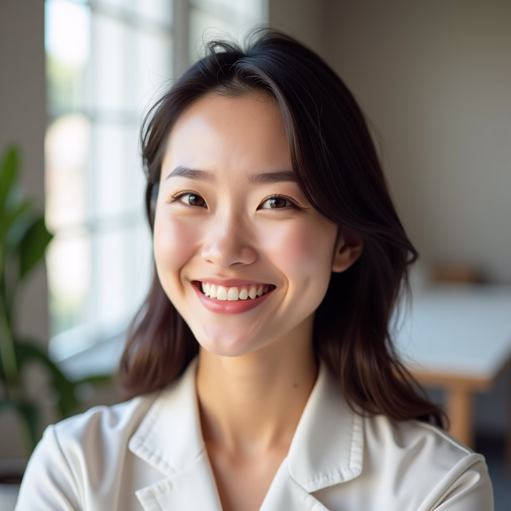 A young Vietnamese woman smiling confidently after a non-surgical double eyelid procedure, showcasing her enhanced, brighter eyes, in a modern aesthetic clinic setting, soft natural lighting.